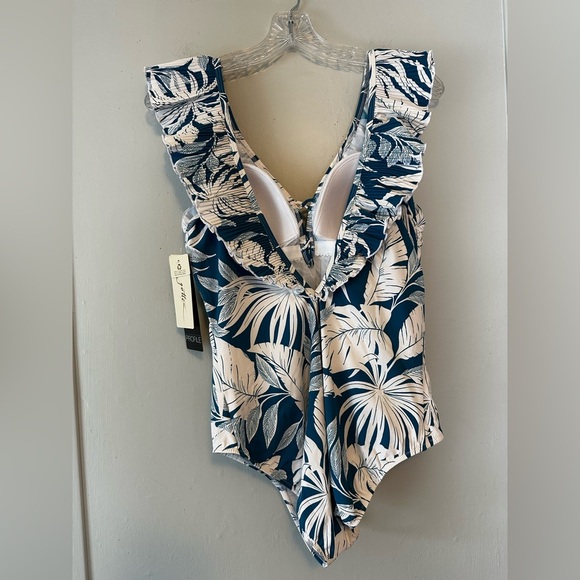 Profile By Gottex Ruffle V-Neck One Piece Swimsuit Tropical Leaf Print Size 12 - Picture 5 of 6